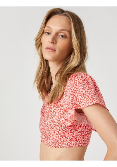 Koton Çiçekli Crop Bluz Büzgü Detaylı Kolları Volanlı Turuncu Desenli 2sak60266pw 2SAK60266PW19E