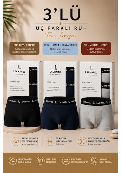 7 For All Mankind Erkek Likralı Pamuklu Nefes Alan Penye Boxer3'lü Paket - Siyah & Gri & Lacivert Çok Renkli