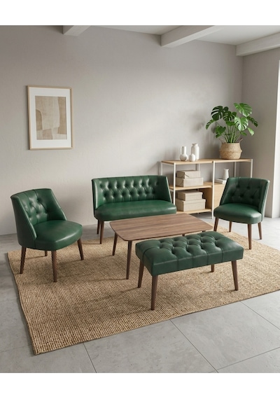 Milano Yeşil Deri Çay Seti Koltuk Takımı 2+1+1 Bench Sehpa Dahil Ofis Balkon Kuaför Bekleme Takımı