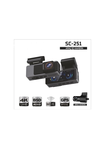 Sentinel Sc-251 Araç İçi Kamera 4k Uhd Wifi Çift Kameralı Dash Cam Arka Kamera Destekli