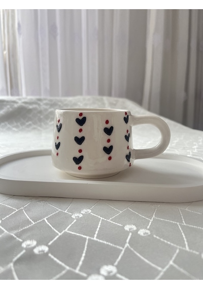 Mini Siyah Kalpli Kupa Bardak Çay Kahve Fincanı 200 Ml Krem