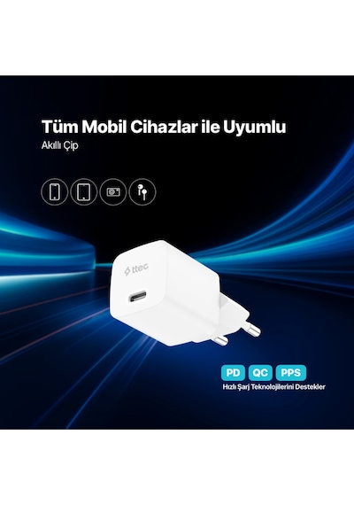 Ttec Smartcharger Gan 20W PD Seyahat Hızlı Şarj Aleti + USB-C - Lightning 150 CM Kablo