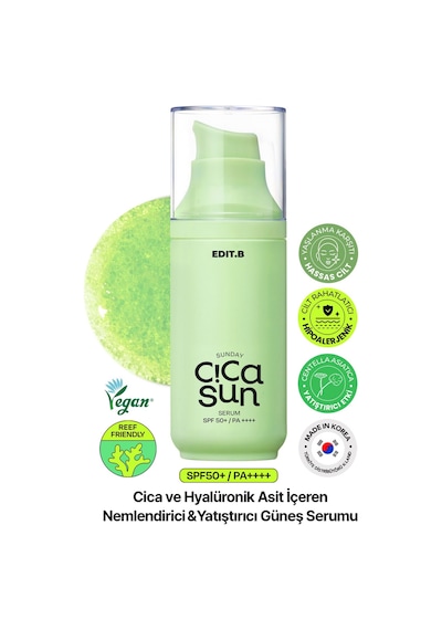 Edıtb Cica ve Hyalüronik Asit İçeren Nemlendirici SPF50+ Güneş Korumalı Yatıştırıcı EDIT.B Sun Serum 55 ML