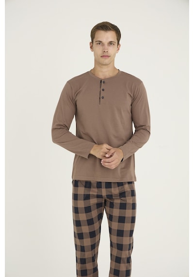 Kly Erkek %100 Pamuklu Düğmeli Yaka Ekose Desen Uzun Kollu Pijama Takım c