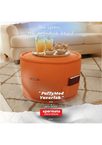 Dekoratif Yuvarlak Puf Orta Sehpa Puf 60x42 Cm Puffymod Turuncu