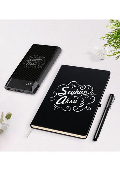 Kişiye Özel Isimli Siyah Defter Kalem 10.000 Mah Powerbank N11.6482