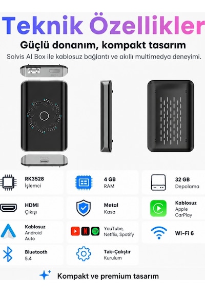 Solvis Box Kablosuz Carplay & Android Auto Multimedya Dönüştürücü