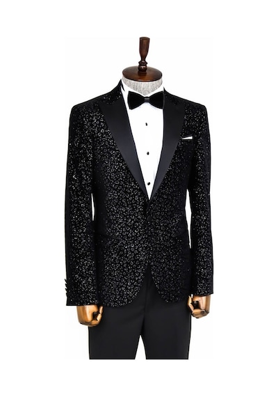 Wessi Leopar Desenli Slim Fit Siyah Erkek Smokin Ceket Siyah