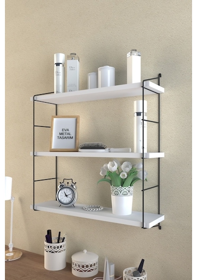 Eva Metal Tasarim Modern Büyük Boy 3 Katlı Duvar Rafı Beyaz
