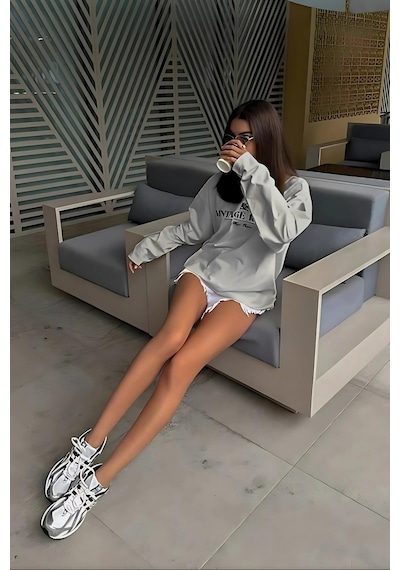 Madmext Boyalı Gri Baskılı Uzun Kollu Tişört Mg2451 Boyalı Gri