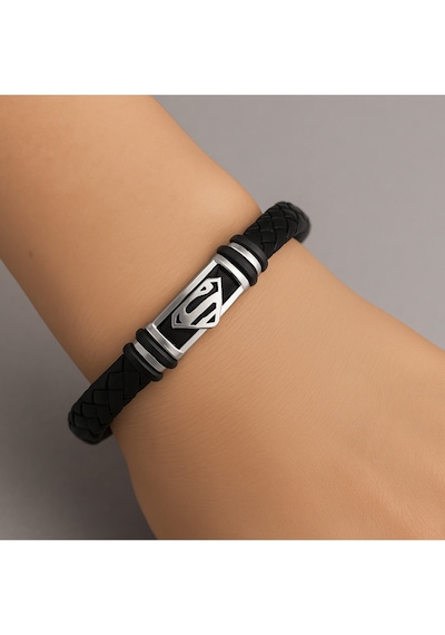 Superman Amblemli Unisex Örme Deri Bileklik Paslanmaz Çelik Detaylı Güçlü Tasarım Antrasit