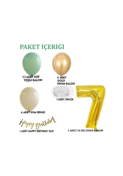 7 Yaş Küf Yeşili Deniz Kumu Ve Krom Gold Balonlu Konsept Doğum Günü Seti