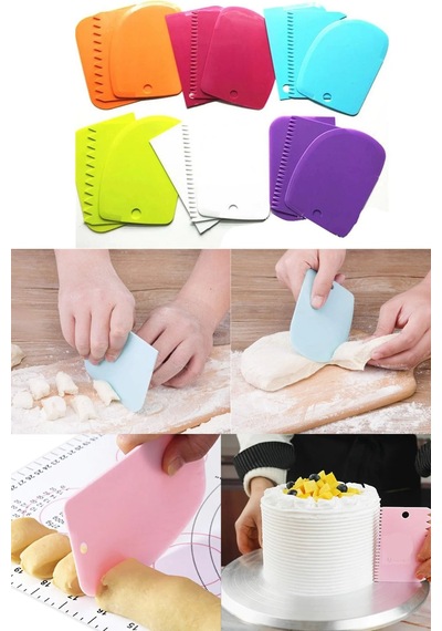 Pasta Hamur Düzeltici Kesici Kazıyıcı Dekoratif 3 Lü Set Çok Amaçlı Pasta Ve Hamur Aparatı Çok Renkli