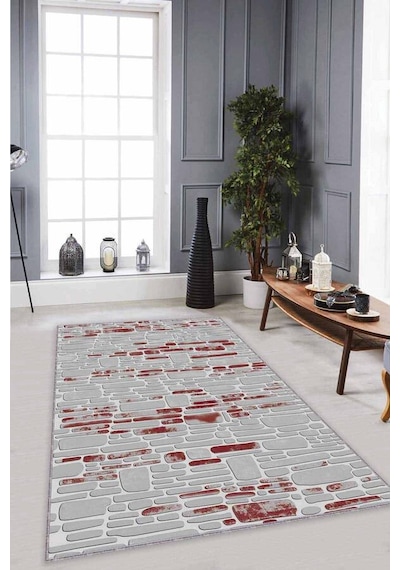 Bordo Taş Desenli Kaymaz Tabanlı Dekoratif Halı Ro07n11