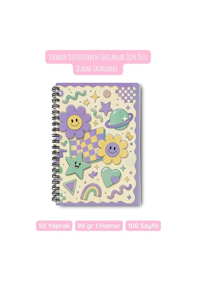 Nostaljik Estetik Papatya Ve Renkli Geometrik Tasarım A5 50 Yaprak 100 Sayfa Spiralli Çizgili Defter