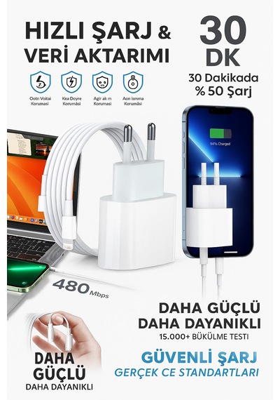 Pd 20w Type-c Lightning Hızlı Şarj Aleti Ve Kablo Seti İphone Uyumlu, 480mbps Veri Aktarımı 20w Hızlı Şarj
