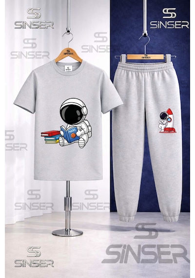 Ss Sinser Çocuk Astronot Kıtap Okuyan Baskılı Tişort Eşofman Takımı Gri