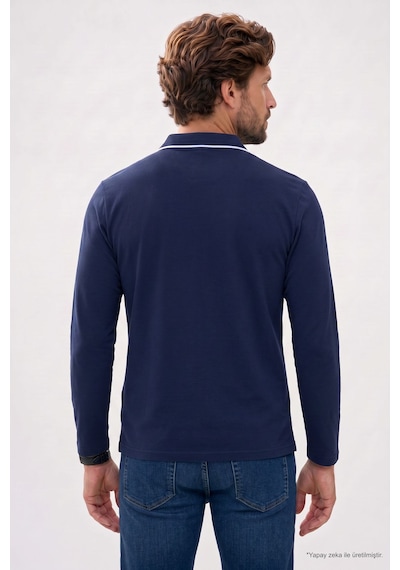 Tudors Erkek Slim Fit Dar Kesim %100 Pamuk Uzun Kollu Fermuarlı Lacivert Polo Yaka Tişört-52789