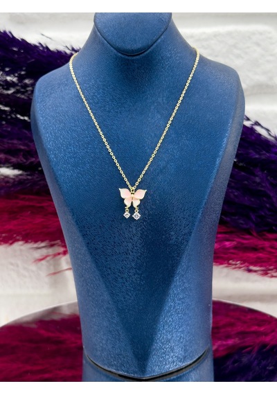 925 Ayar Gümüş Gold Renk Pembe Mineli Kelebek Modeli Zarif Kadın Kolye Gümüş