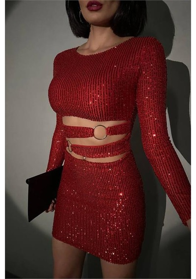Dip Moda Kadın Halka Detyalı Mini Pul Payet Elbise Dpnbdf106 Kırmızı