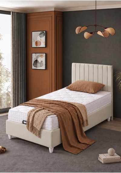 Baza Seti, Alessa Tek Kişilik Baza Başlık Maxi Yatak Seti, Bej - 90x190 Cm 90 x 190