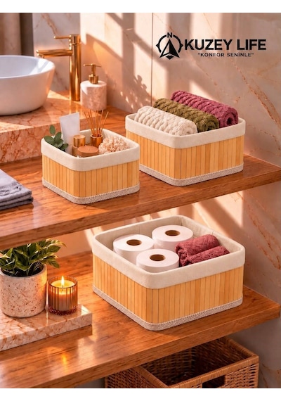 Kuzeylife Bambu Trio Kare 3lü Sepet Seti Kahverengi
