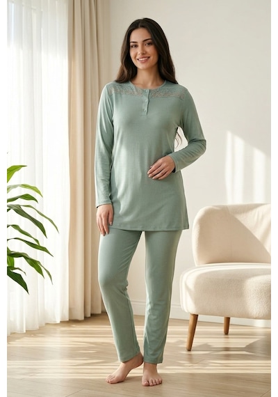 Aura Collections Kadın Dantelli Bambu Viskon Uzun Kollu Mevsimlik Soft Örme Pijama Takımı Yeşil