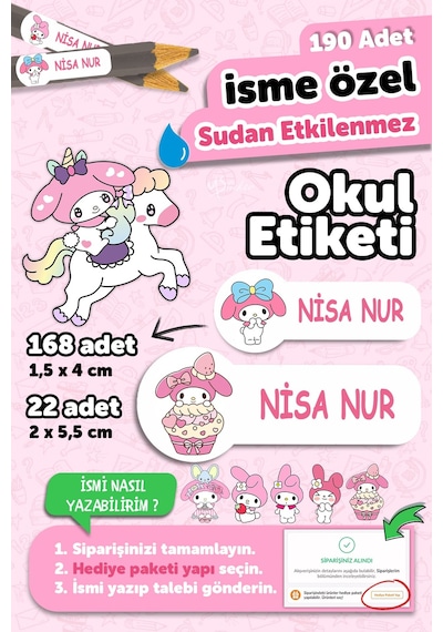 Okul Etiketi Kalem Defter İsimli Etiket Isim Yazılabilen My Melody - 190 Adet Özel Tasarım Etiket Çok Renkli