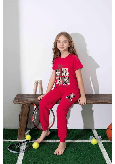 Kız Çocuk Mini Desenli Kırmızı Pijama Takımı-1309 Kırmızı