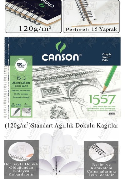 Telli Eskiz Defteri Canson 1557 25x35 Cm Spiralli 15 Yaprak 1 Adet 120 Gr Karakalem Sketch Resim Guaj Sulu Pastel