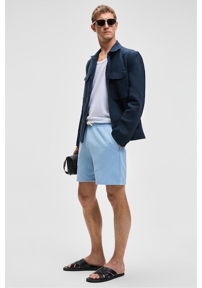 Grimelange LEYTON Erkek Relaxed Fit Çift Cepli Beli Lastikli Keten Karışımlı Dokuma Mavi Şort & Bermuda
