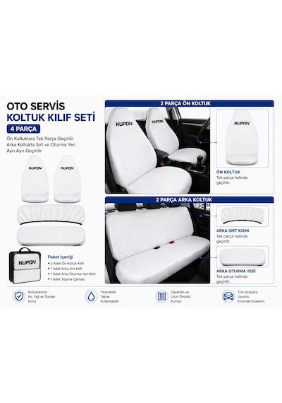 Günaks 4 Parça Oto Servis Koltuk Kılıf Seti Beyaz Kupon Yazılı Evrensel Uyumlu Yıkanabilir Pamuklu Kumaş 01