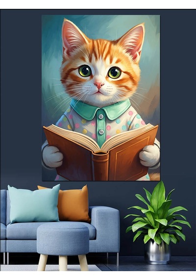 Ahşap Tablo Kitap Okuyan Sevimli Kedi
