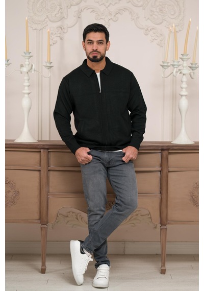 Woolen World Polo Yaka Fermuar Kapamalı Klasik Kesim Astarlı Çelik Örgü Hırka Siyah
