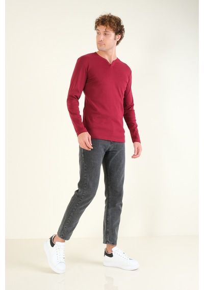 Giyim Dünyası Erkek Sıfır Yaka Düğmeli Uzun Kol Sweatshirt Bordo 001