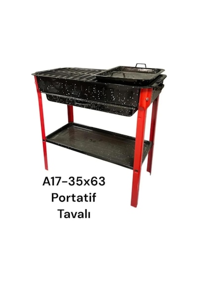 Portatif Taşınabilir Emaye Mangal, Tekerlekli, Siyah Ve Kırmızı, 60x60 Cm, Izgara Ve Tava Dahil Çok Renkli