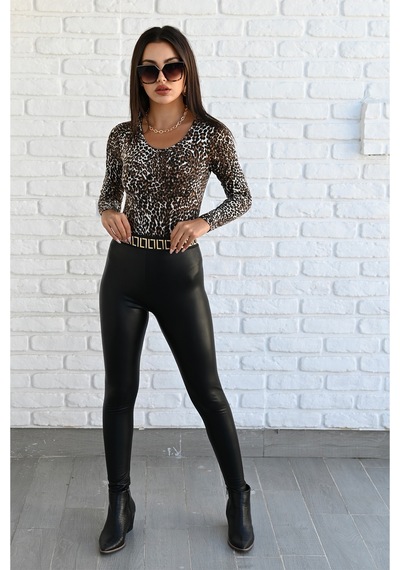 Kadın Deri Gold Yaldız Baskı Detaylı Tayt Pantolon 6125-23 001