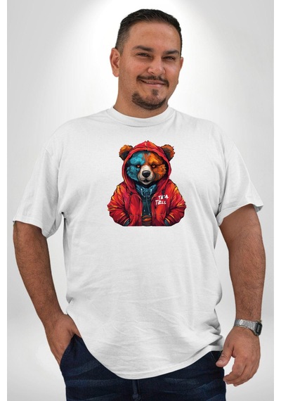 Angemiel Beyaz Hoodie Ayı Beyaz Büyük Beden Kadın Erkek Ünisex Basic Ön Baskılı Tişört Beyaz