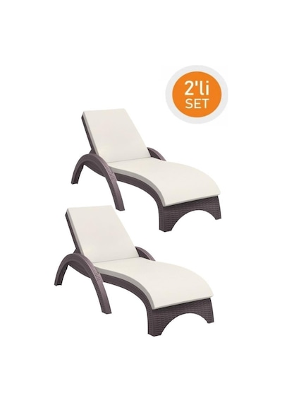 Omnipazar Trk-860 Siesta Fiji Bej Minderli Rattan Desenli Ayarlanabilir Lüks Şezlong Kahverengi 2'li Set Kahverengi