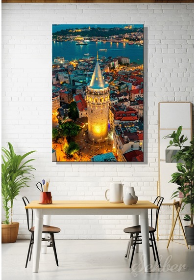 Kanvas Tablo İstanbul'daki Galata Kulesi Gece Manzarası Dikey Salon Tablosu - 4800 Çok Renkli