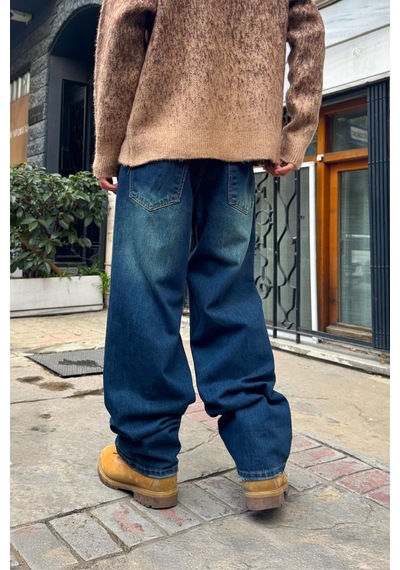 Flaw Eskitme Model Çizgili Baggy Jean Mavi Mavi