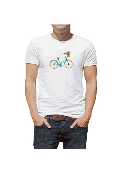 Sulu Boya Mavi Bisiklet Baskılı Beyaz Erkek Tshirt