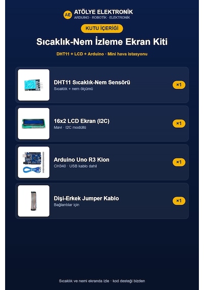 Arduino Sıcaklık-nem Ölçer Proje Kiti Dht11+lcd Stem Kodlama + Türkçe Döküman