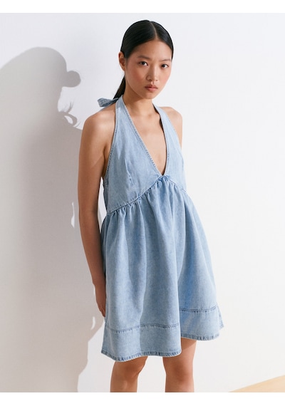 Dilvin 90571 Önü Büzgülü Mini Denim Elbise-mavi Mavi