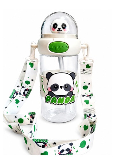 Panda 500 Ml Taşıma Askılı Matara Pipetli, Karakter Figürlü, Sızdırmaz Çocuk Su Matarası Beyaz