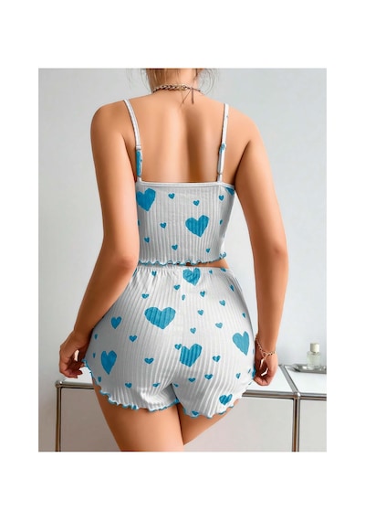 Mr Owl Kadın Beyaz Mavi Kalp Desenli Askılı Şortlu Pijama Takımı