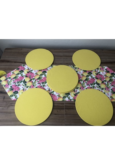 Fuşya Çiçekler Arasında Limon Desenli Runner & Supla Çok Renkli