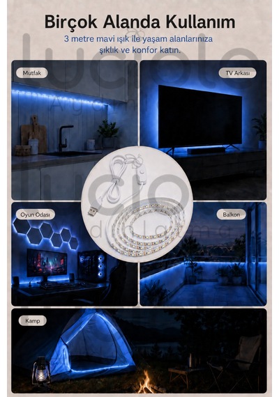 3 Metre Usb Mavi Şerit Led 5v Aç Kapa Anahtarlı Gaming Tv Masa Raf Powerbank Dekoratif Led