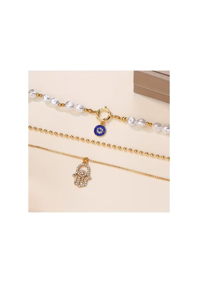 Tılsım Model Barok İncili, Nazar Ve Hamsa Figürlü 3'lü Gold Kombin Kolye Altın