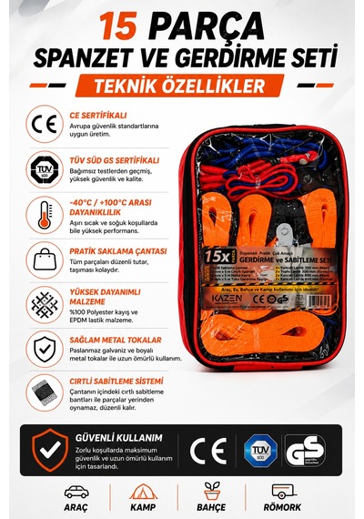 Kazen 15X Parça Spanzet Bagaj Lastiği Gerdirme Halat + Kayış Seti